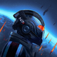 مظهر الخوذة للقائد شيبرد ، كما يظهر على غلاف فن إصدار Mass Effect's Legendary Edition المعاد إصداره.